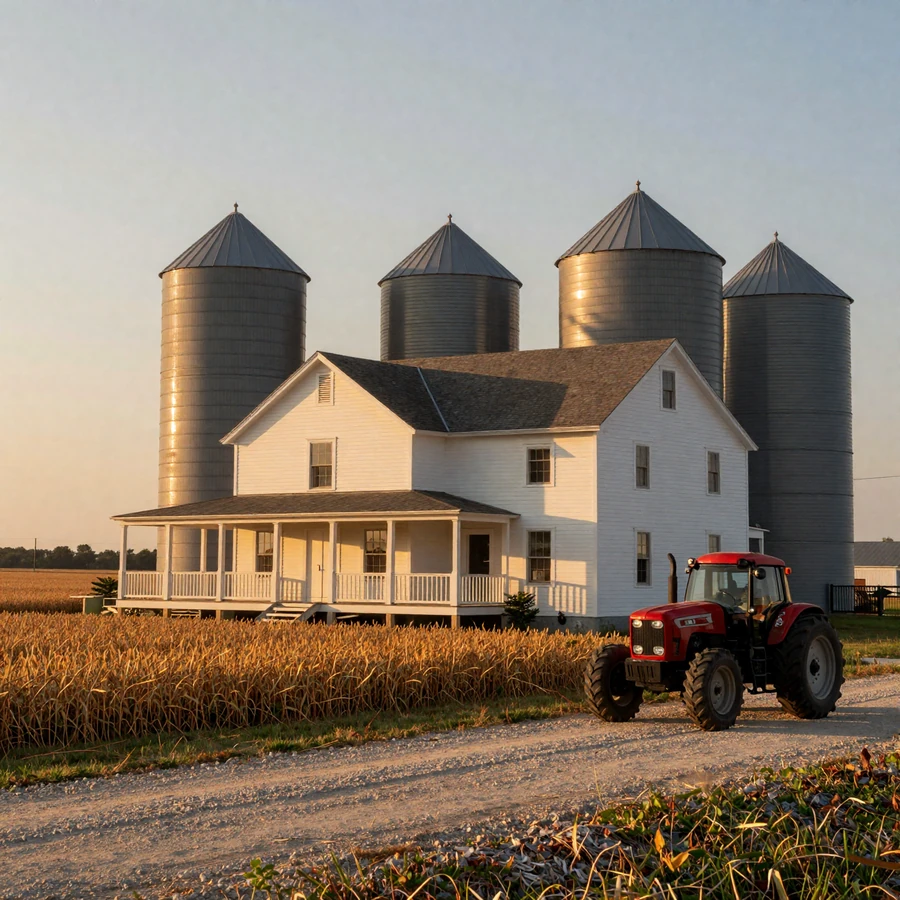 Illinois farmers dating hero image: central Illinois family grain farm with white farmhouse, grain bins, and soybean fields at golden hour