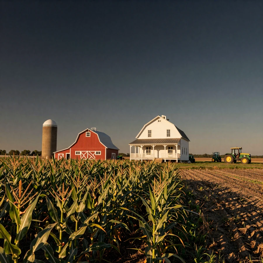 Iowa farmers dating hero image: corn country family farm with red barn, white farmhouse, and grain silos at golden hour