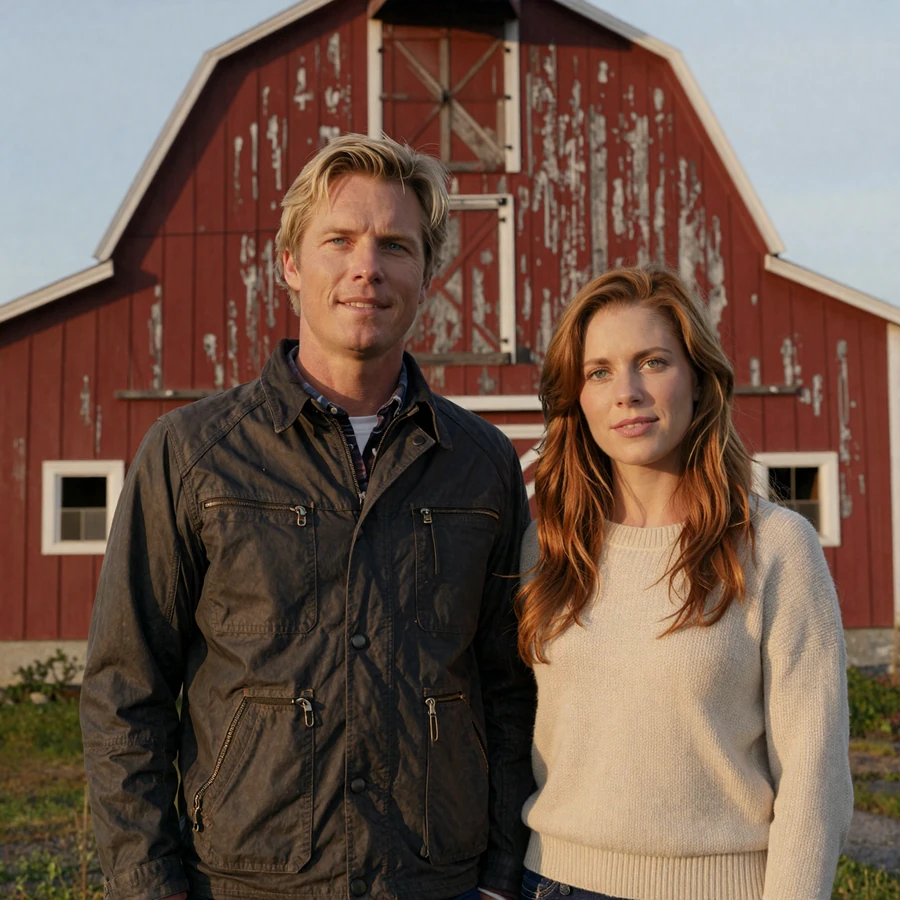 European heritage farming couple Henrik and Elise in front of a red dairy barn at golden hour on their Minnesota farm