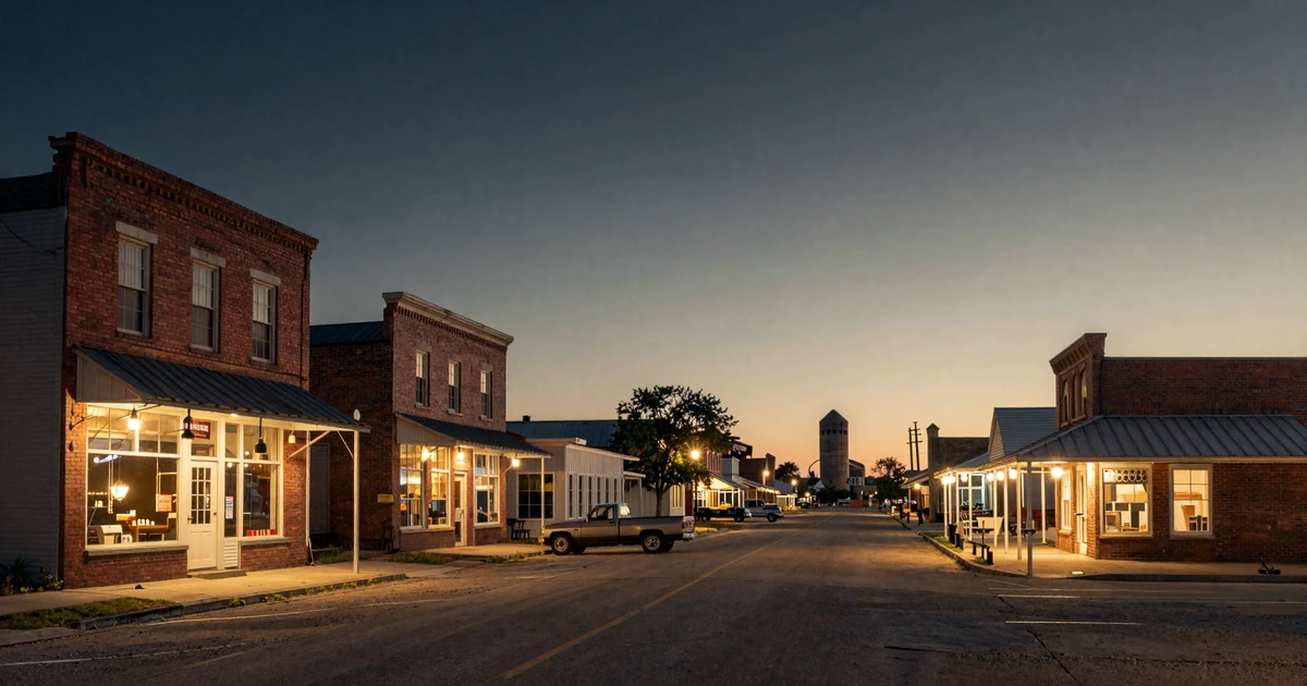 Quiet small-town main street at dusk showing the rural setting where country singles navigate dating in small towns