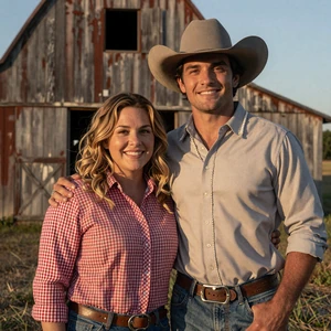 Rachael and Robin, East Texas country couple in front of a weathered barn at golden hour