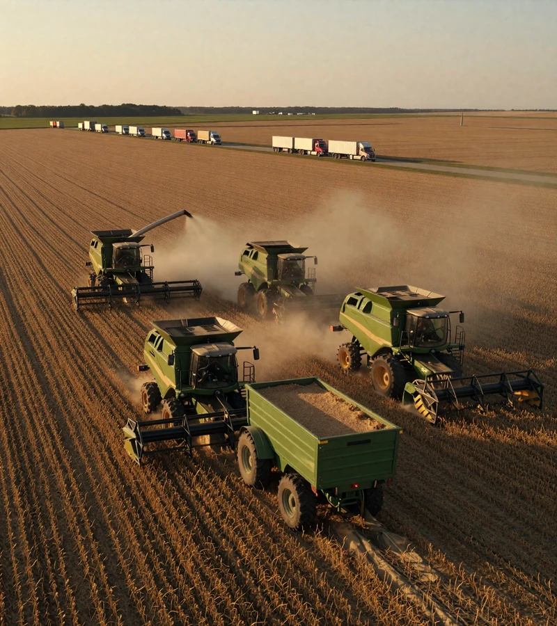Three combines in formation running soybean harvest at sunset on a large-scale commercial farm with grain cart unloading on the go