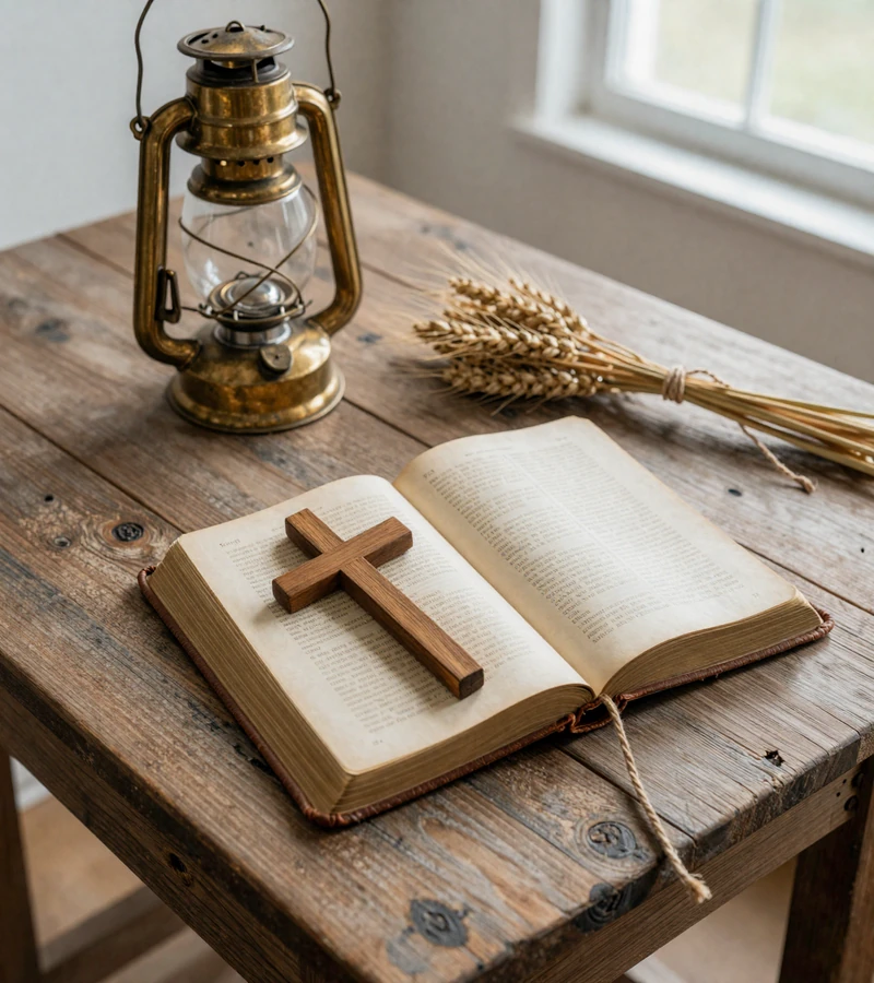 Open King James Bible with wooden cross brass lantern and wheat stalks on weathered farmhouse table representing faith-aligned Christian rural dating