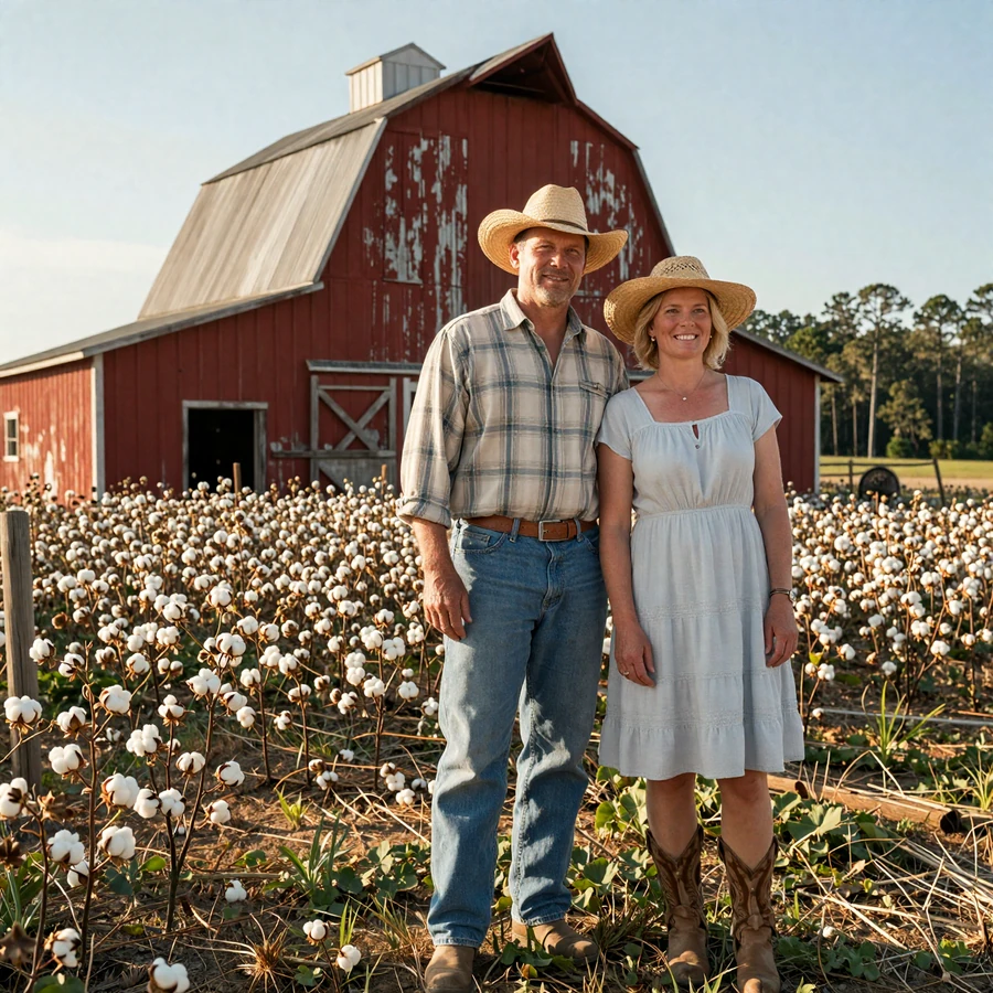Alabama farmers dating hero image: Heart of Dixie farm couple beside a red barn with cotton field and pine tree line at golden hour