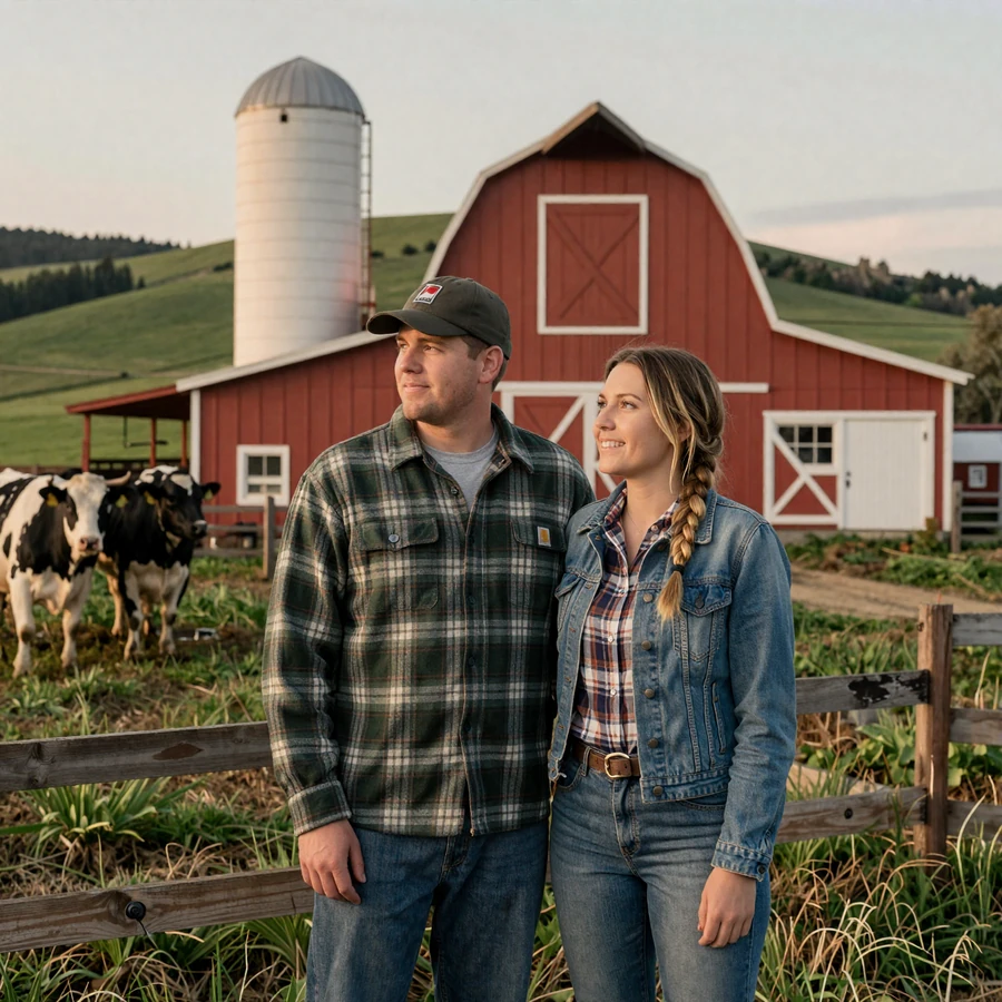 Wisconsin farmers dating hero: dairy farm couple in flannel standing by red barn with Holstein cows and Driftless Area hills