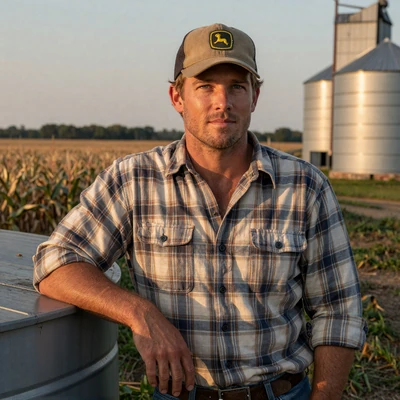 Cole, 42, row-crop operator in Hardin County Iowa, leaning on a grain bin at dusk