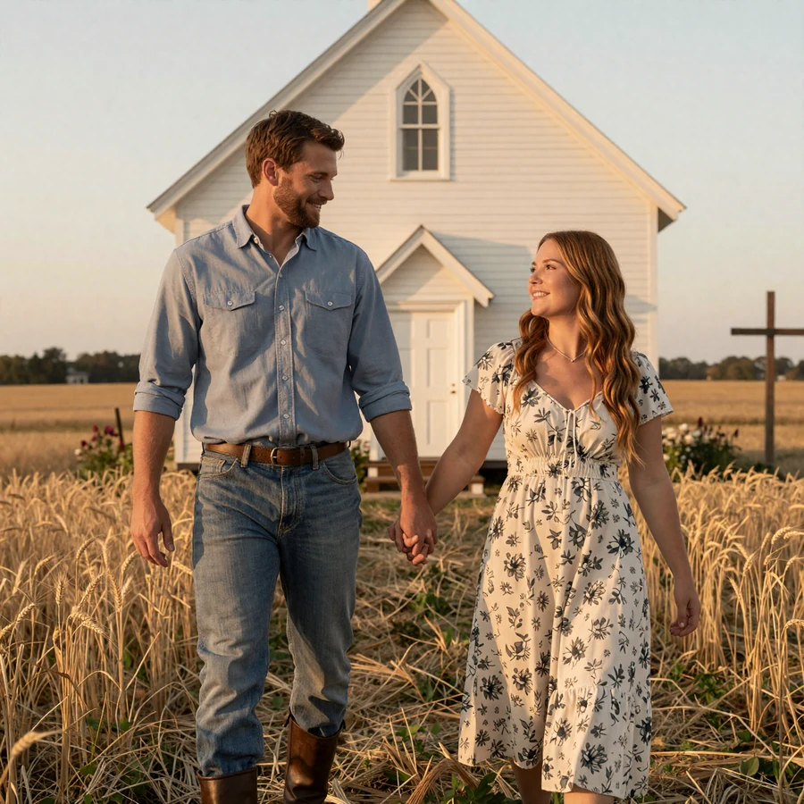 Christian farming couple Galen and Chanel holding hands outside a small white country church at golden hour, faith-rooted rural dating
