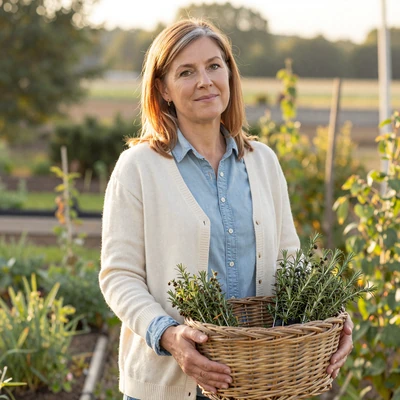 Caroline, 48, Tennessee widow and homesteader in her herb garden at morning light