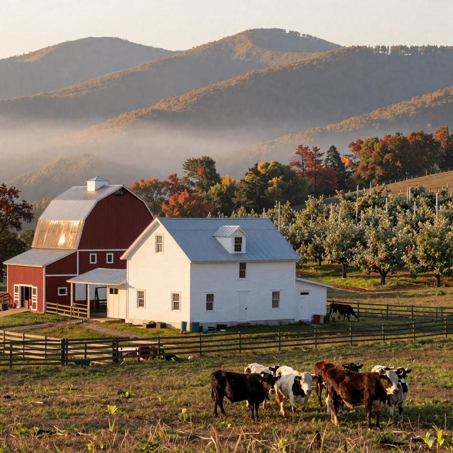 West Virginia farmers dating hero image: Appalachian family farm with red barn, white farmhouse, and Hereford cattle on a sloped pasture with misty ridges