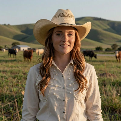 Hannah, 29, Tennessee cattle rancher and rural nurse in western pearl-snap shirt and cowboy hat