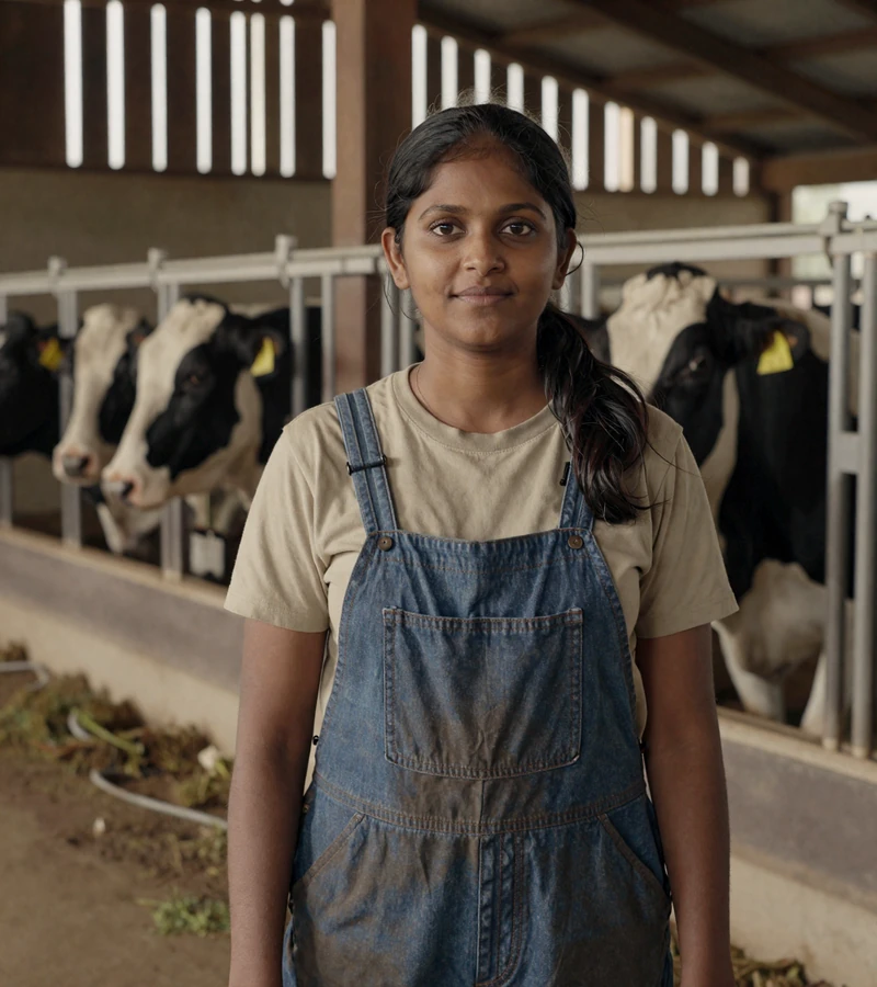Priya, South Asian American dairy farmer in her Washington milking parlor at morning light