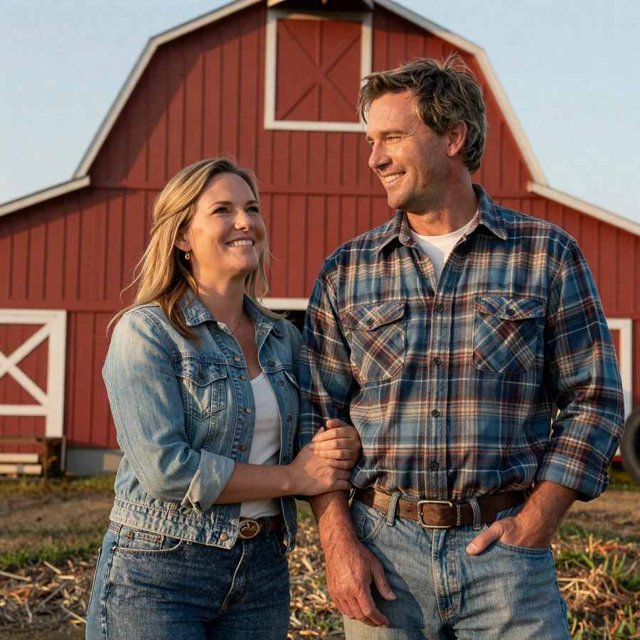 Why choose KristinatLove: verified farm couple standing together at a red barn at golden hour