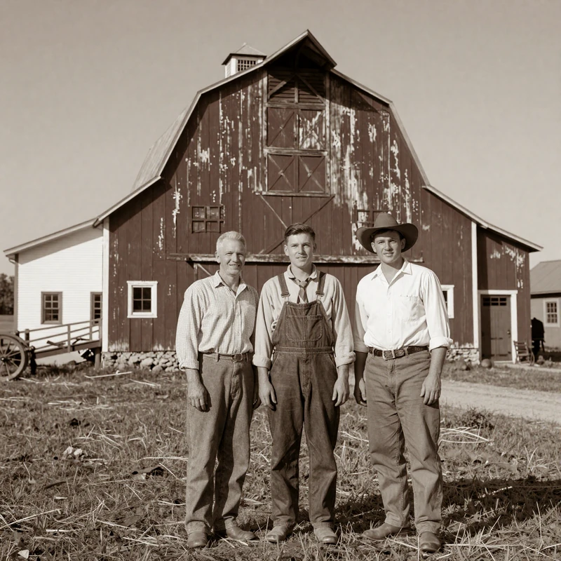 Three generations of a Nebraska farm family standing in front of a weathered red barn, representing Great Plains heritage