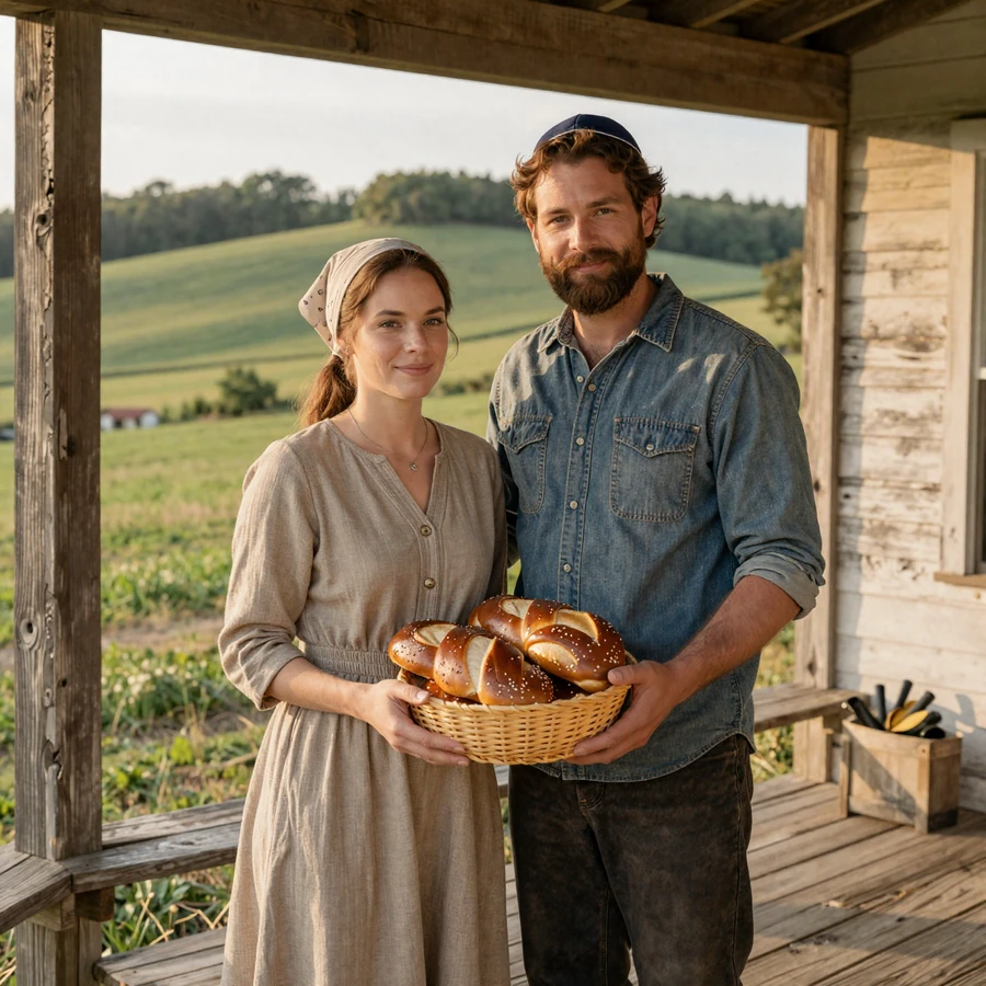 Jewish American farming couple David and Rachel on their Pennsylvania homestead porch at golden hour holding fresh challah
