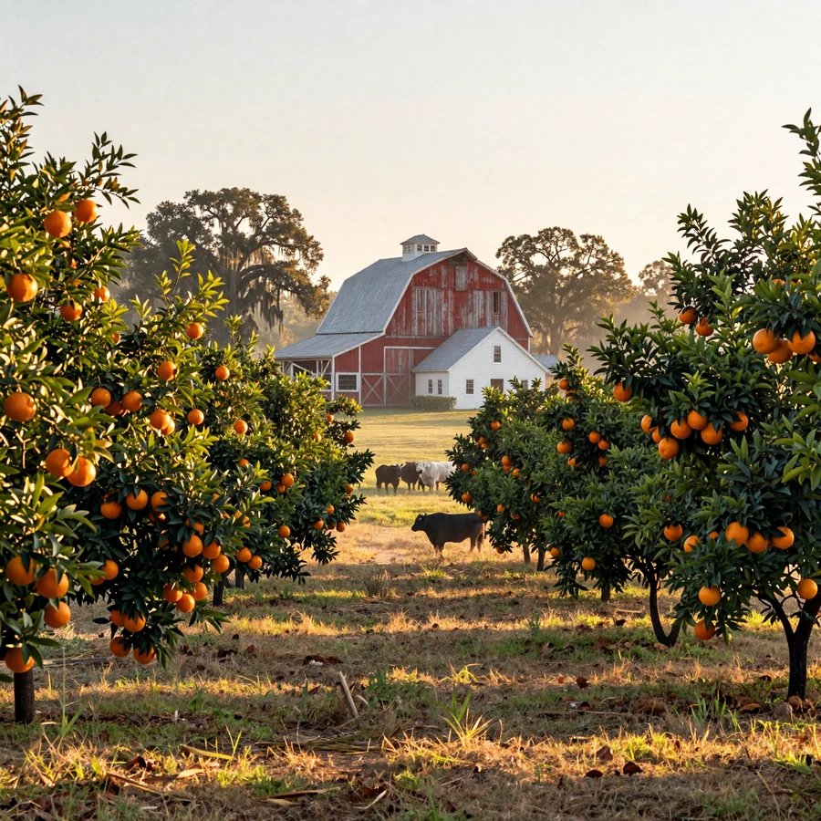 Florida farmers dating hero image: citrus grove at sunrise with red barn, Brahman cattle, and spanish-moss oaks in the Sunshine State