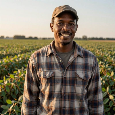 Darnell, 36, Black Mississippi row-crop farmer in soybean field