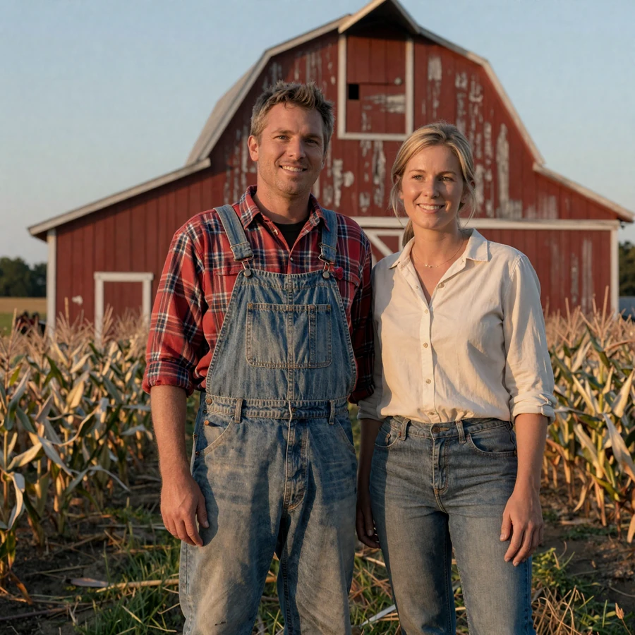 Farmer dating site couple David and Mary standing beside a red barn at golden hour