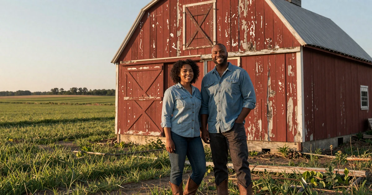 Black farmers dating couple Marcus and Danielle beside their barn at golden hour on a rural American farm
