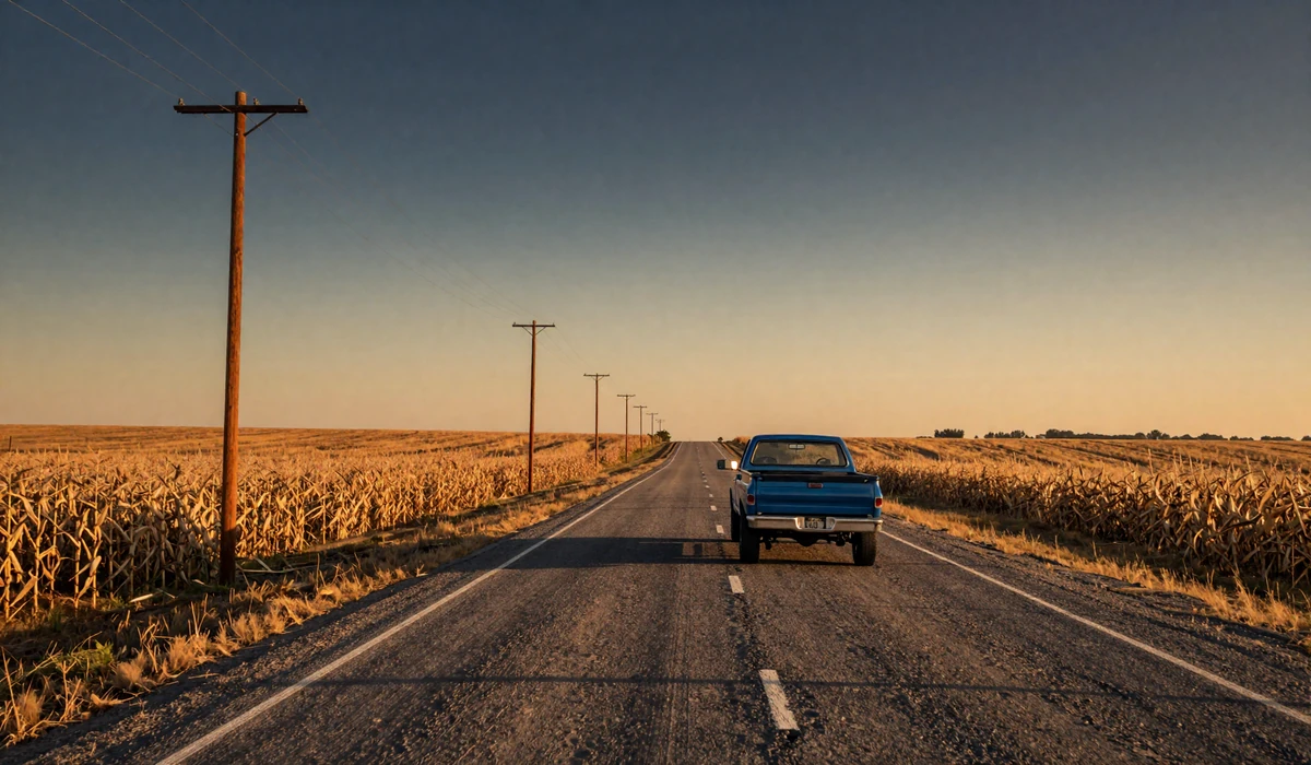 A pickup truck driving a long country highway through cornfields at golden hour, illustrating long-distance rural relationships