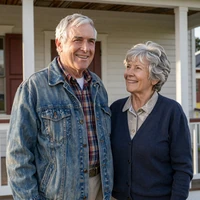 Niche farmers dating couple of shared faith seated on wooden church steps at golden hour