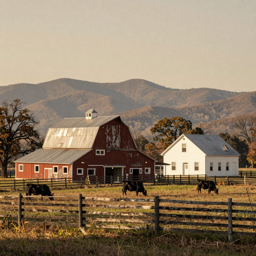 Arkansas farmers dating hero image: Ozark foothill family farm with red barn, white farmhouse, and Angus cattle at golden hour