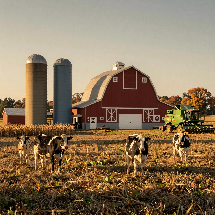 Minnesota farmers dating hero image: Stearns County family dairy farm with red barn, Harvestore silos, Holstein cows, and a John Deere combine at golden hour