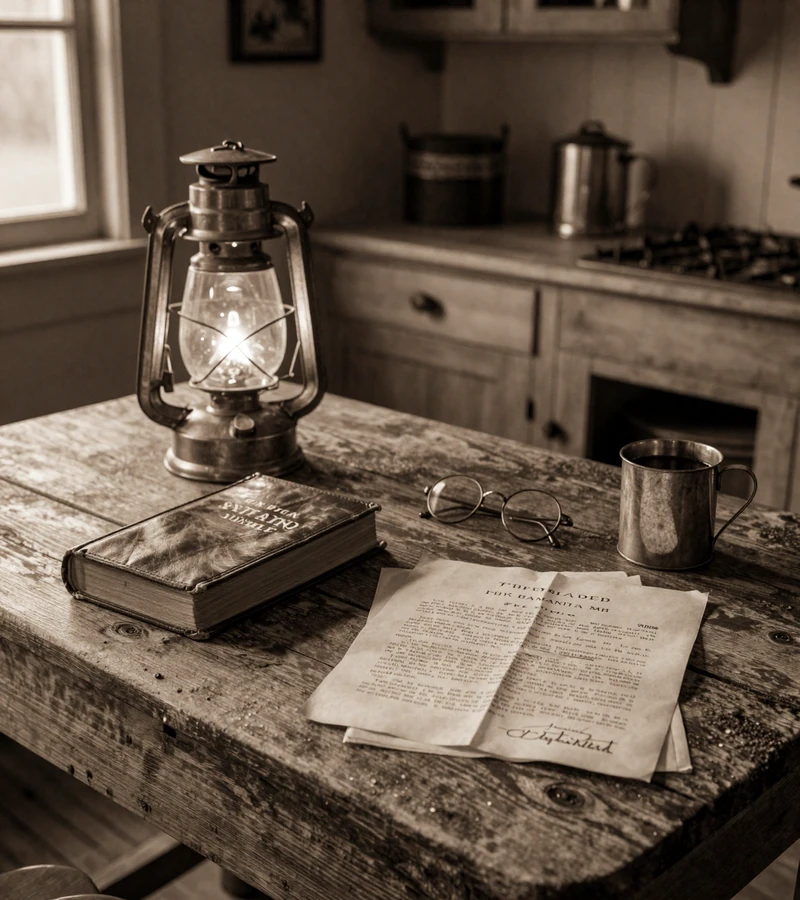 Heirloom farmhouse kitchen table with a lit lantern, open family Bible, and a folded land deed representing KristinatLove&rsquo;s rural heritage roots