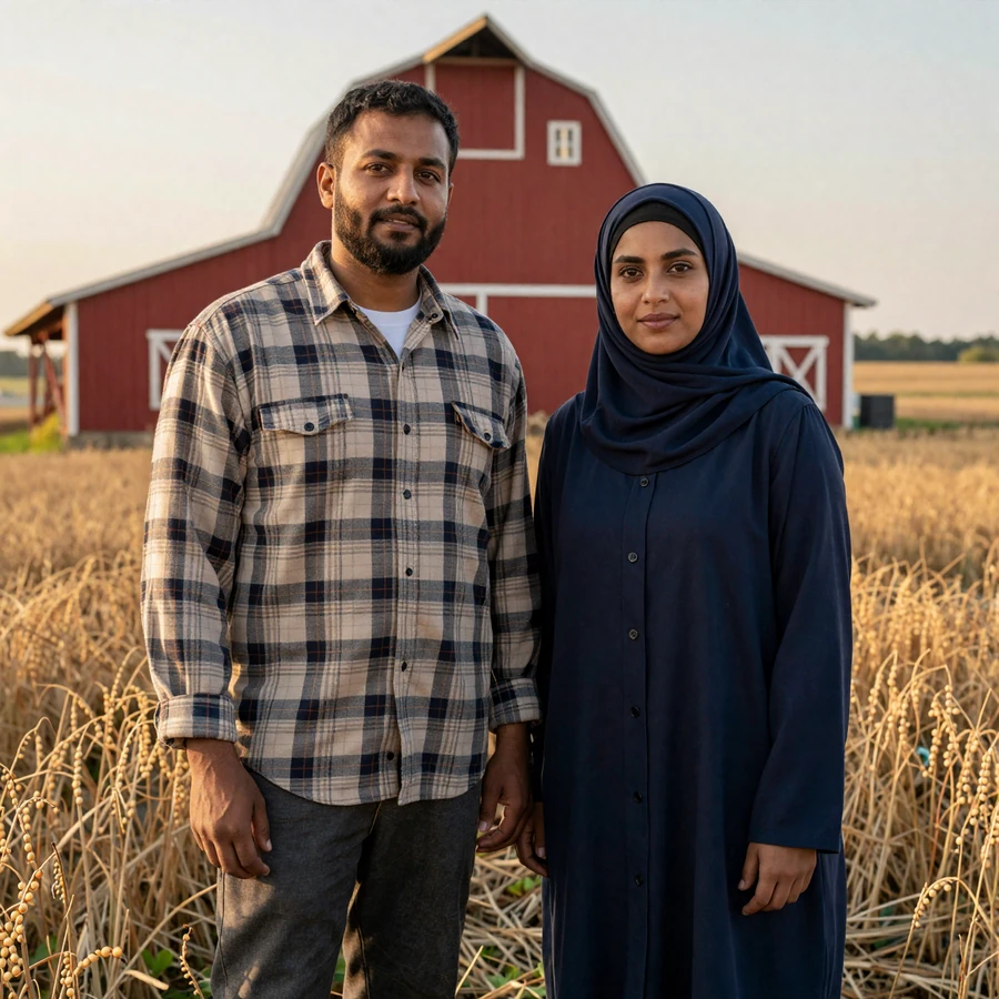 Muslim American farming couple Yusuf and Aisha standing together in a Midwestern soybean field at golden hour with a red barn behind them