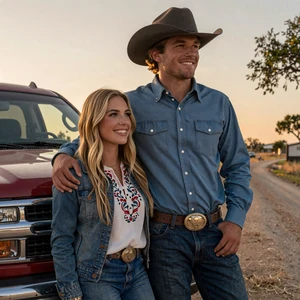 Jeffrey and Brittany, Southern Texas couple by a red Silverado on a ranch road at sunset