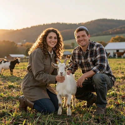 Leah and Daniel, Jewish American farming couple together in Vermont goat pasture 2025