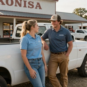 Jess and Cole, young Kansas couple leaning on a service pickup outside a small-town feed store