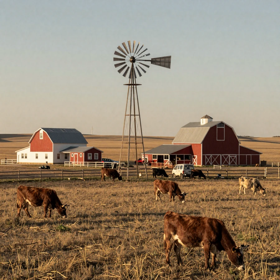 Nebraska farmers dating hero image: Sandhills ranch with windmill, Angus cattle, red barn and white farmhouse at golden hour
