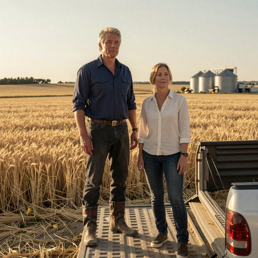 Robert and Caroline, large-acreage wheat farming couple on pickup tailgate overlooking their Kansas operation at golden hour