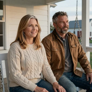 Marla and Henry, widowed and widower engaged country couple on a farmhouse porch swing