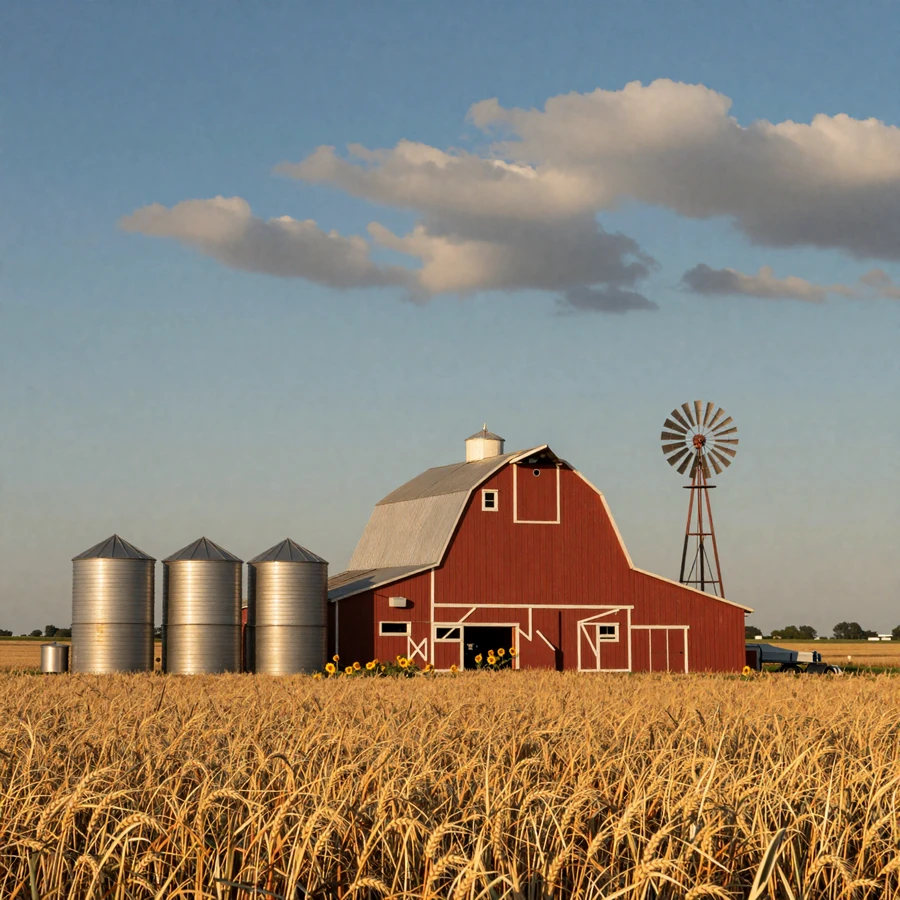 Kansas farmers dating hero image: Wheat Belt family farm with red barn, grain bins, and golden wheat field at sunset