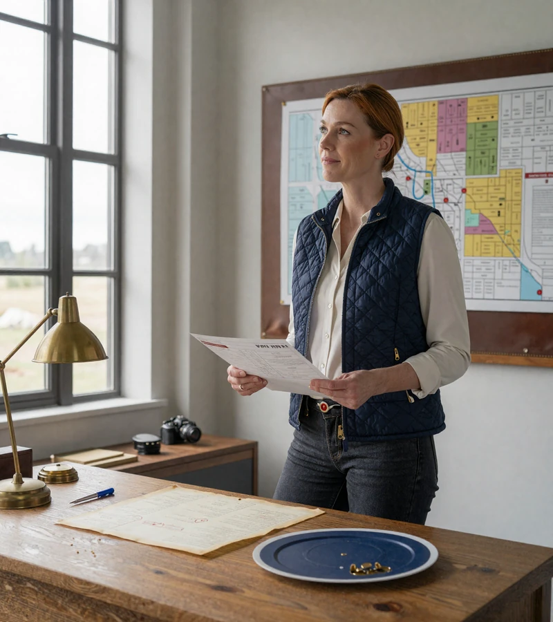 Margaret, fourth-generation grain operation owner reviewing planting plans in her farm office at morning light