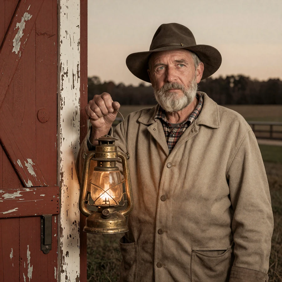 Founder-style portrait for the KristinatLove farmer dating site: weathered farmer in canvas coat holding a brass lantern beside a red barn at dusk