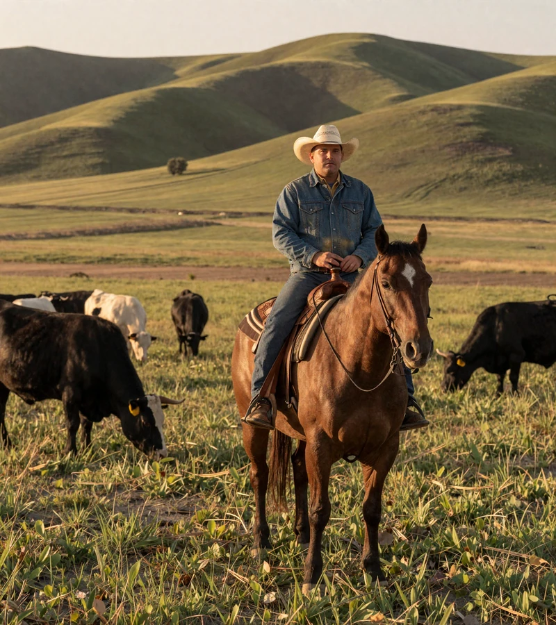 Kansas cattleman on horseback in the Flint Hills herding Black Angus cattle at sunset