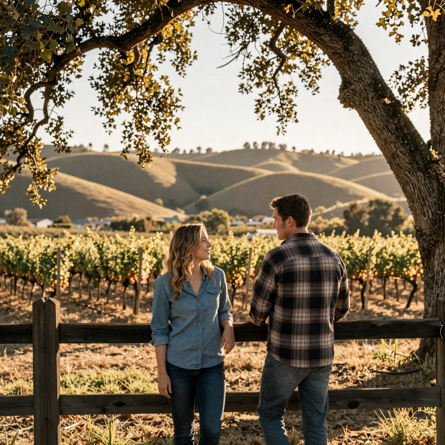 California farmers dating hero image: Wine country couple beside a vineyard at golden hour with rolling Napa hills and oak trees