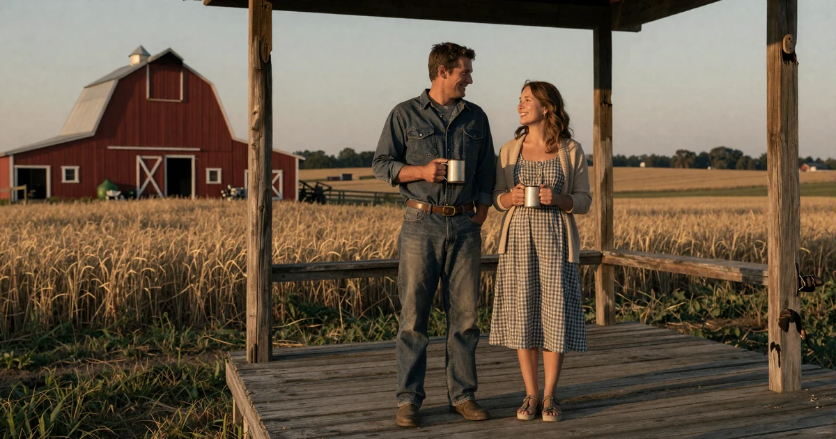 Farm couple on porch at dusk with red barn behind them representing life on a farm and relationships