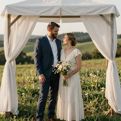 Noah and Sarah, Jewish American farming couple married under chuppah in Pennsylvania pasture 2026