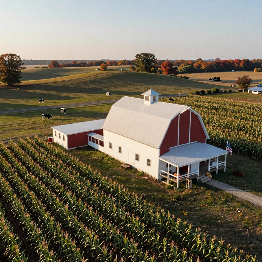 Ohio farmers dating hero image: Buckeye State family farm with red barn, white farmhouse, Holstein dairy cows, and corn rows at golden hour