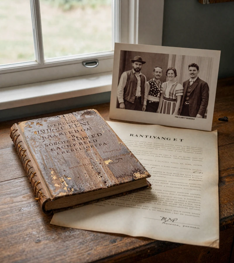 Century-old land deed, family Bible, and sepia photograph of German and Norwegian immigrant farmers on a farmhouse kitchen table