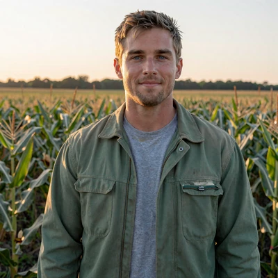 Caleb, 34, Iowa corn and soy farmer photographed at sunrise on his family farm