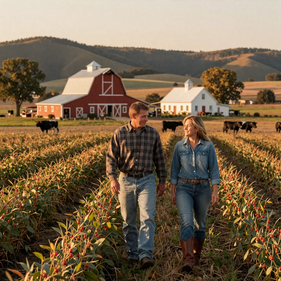 Missouri farmers dating hero image: Show-Me State farm couple walking through soybean field with red barn and Ozarks hills at golden hour