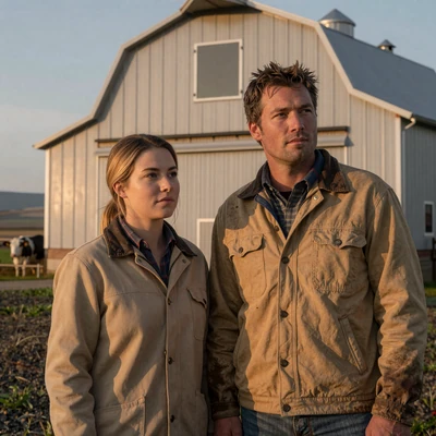 Hannah and Owen, engaged 2026 in Idaho, standing together outside her dairy barn at dawn