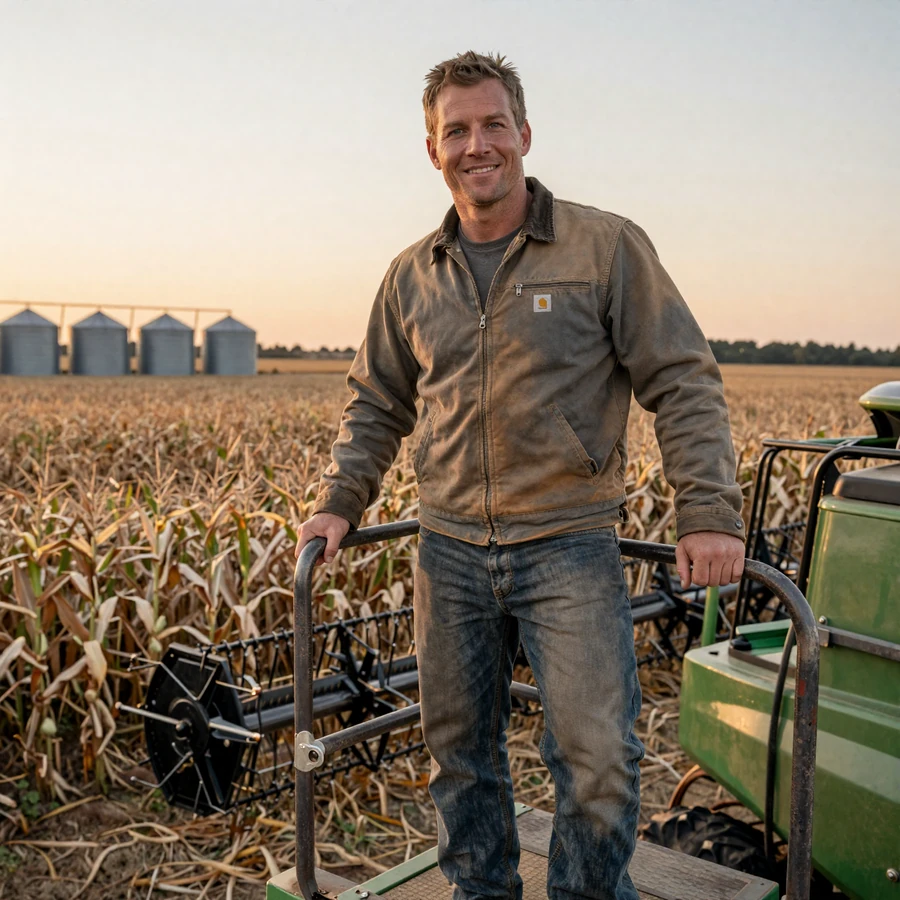 Cole, large-scale grain operator, standing on his combine at dusk during corn harvest on his 4,000-acre Iowa farm