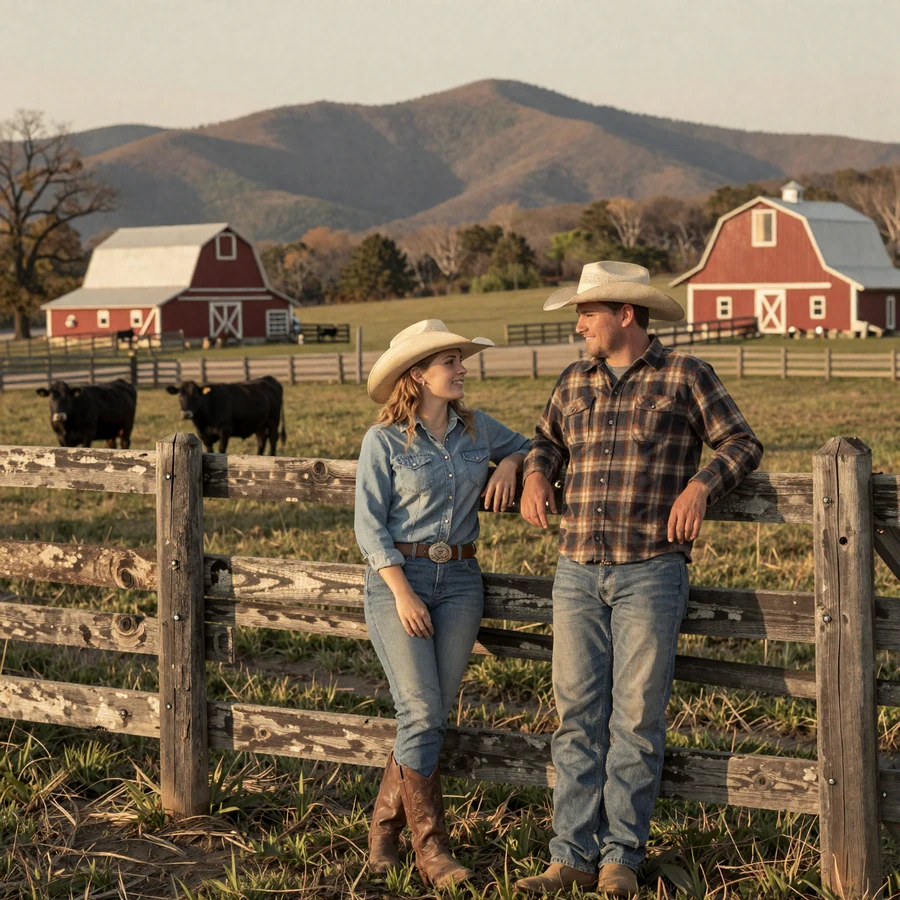 Tennessee farmers dating hero image: country couple at a rolling Middle Tennessee pasture fence with Angus cattle and Smoky Mountain foothills at golden hour