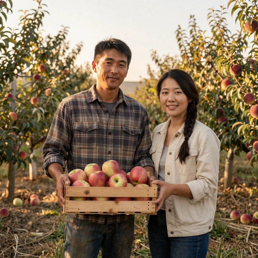 Asian-American farming couple Kenji and Mei in their California orchard at golden hour holding a crate of apples