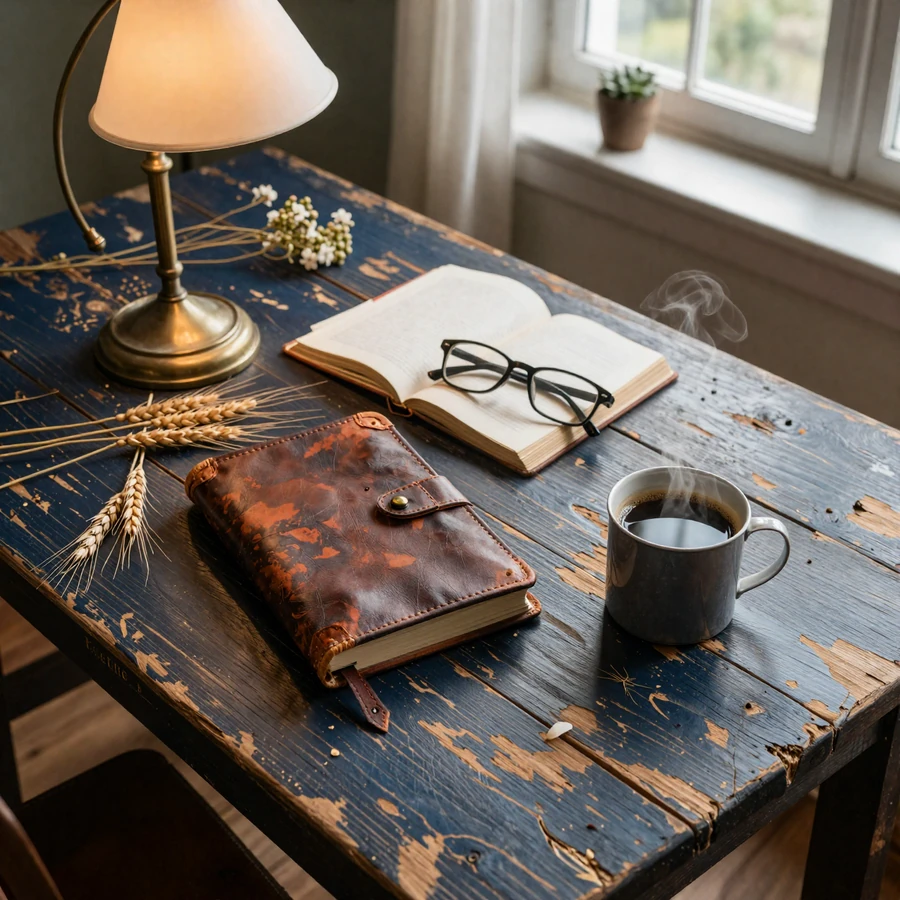 Farmer dating blog almanac on a weathered oak farmhouse table with brass lamp and coffee at dawn